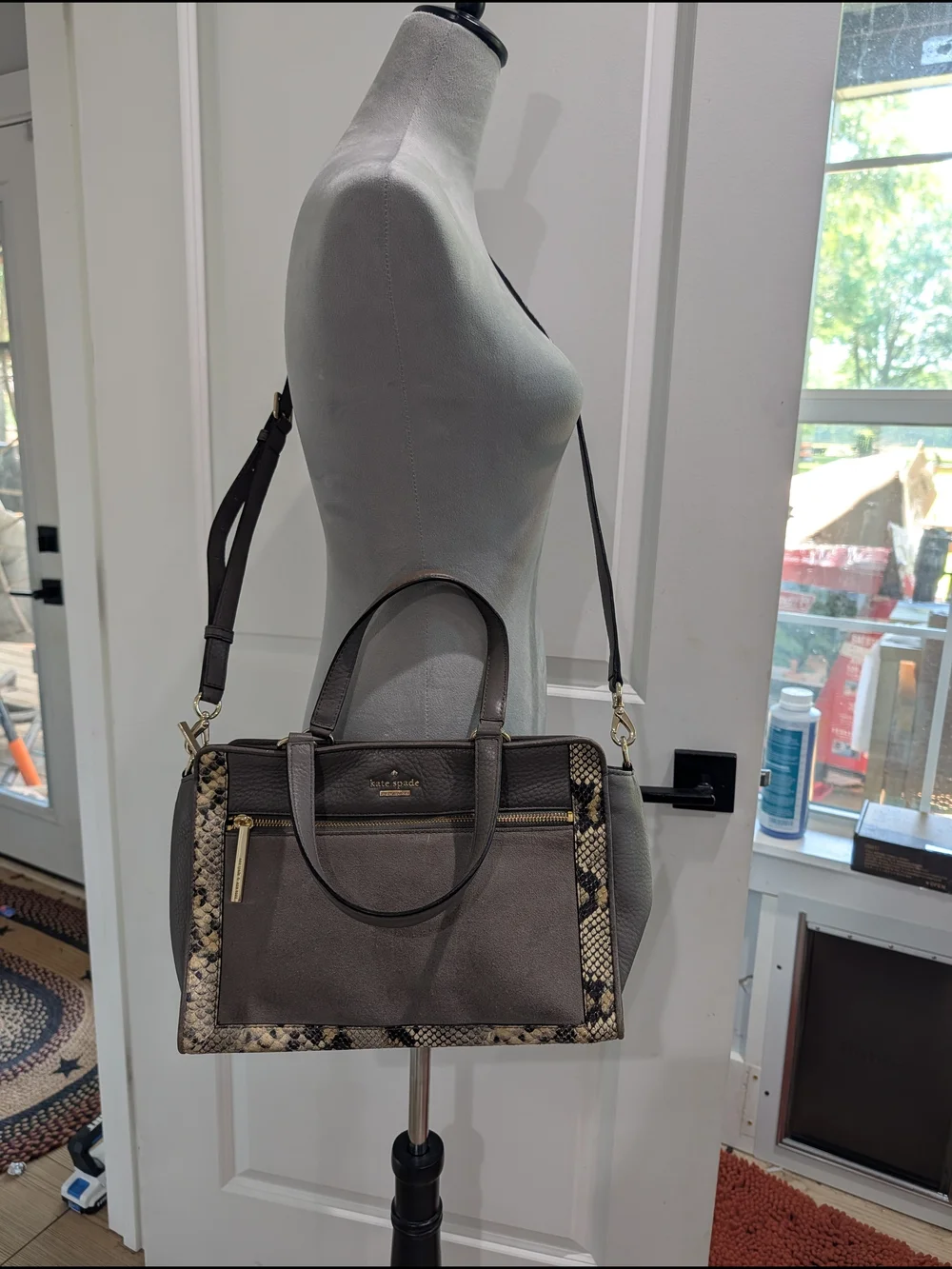 kate spade Taupe Leather & Snake-Print Trim Tote